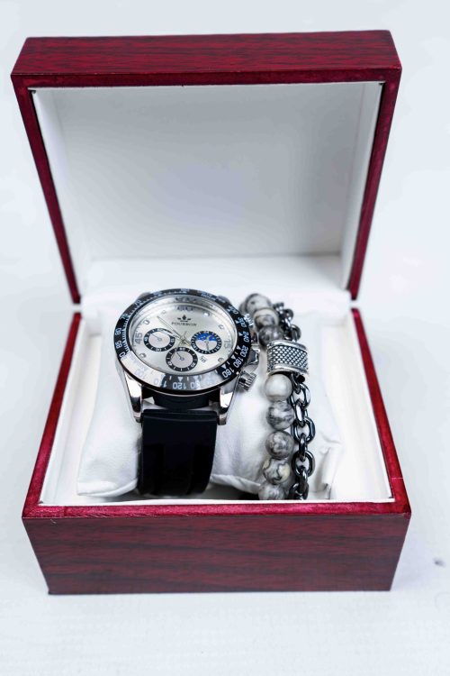 leather black & silver watch with bracelets