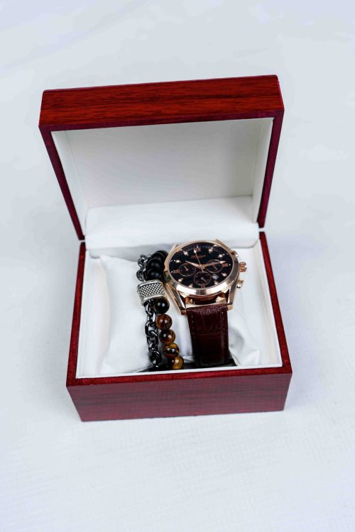 brown leather watch with bracelets